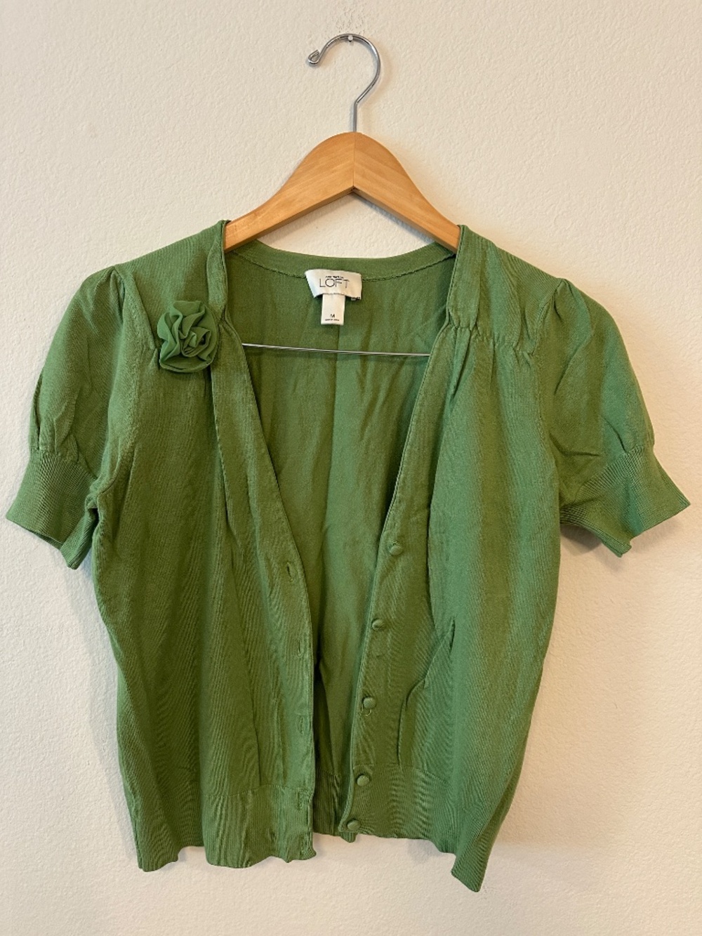 LOFT Green Puff Sleeve Button Front Cardigan Women's M Floral Accent